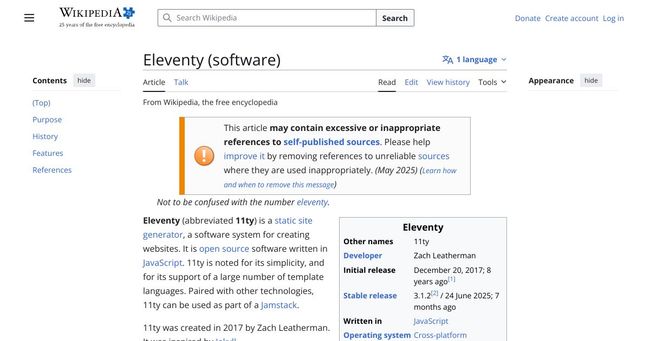 A screenshot of the Wikipedia page for Eleventy